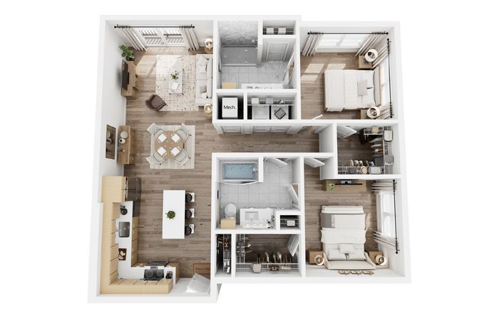 Modern 2D floor plan featuring 3 bedrooms, stylish open living and dining area, gourmet kitchen, and luxurious bathrooms.