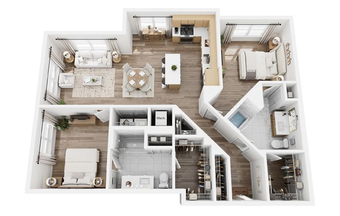 Elegant 3D floor plan showcasing 2 bedrooms, modern kitchen with island, open-concept living and dining area, and two spacious bathrooms.