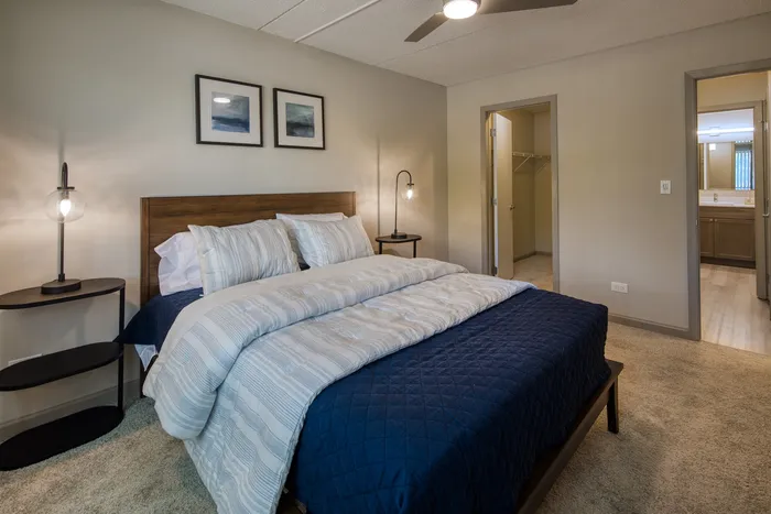 The primary bedroom with walk-in closet offers generous storage space and comfortable sleeping area.  | The Views Of Naperville |
