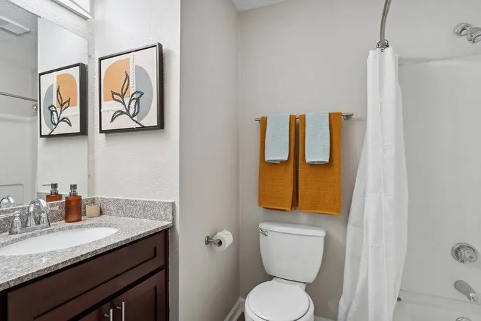bathroom sink, shower, and toilet
