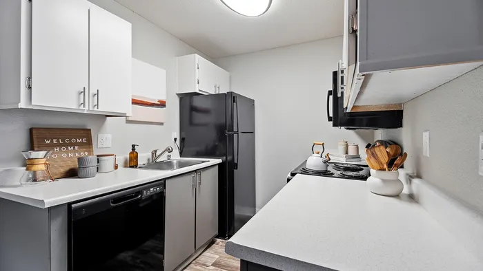 ReNew One59 Kitchen with black appliances with grey and white cabinets