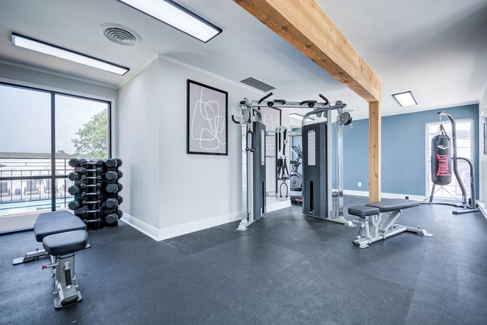 Bright and modern gym with state-of-the-art equipment and large windows.
