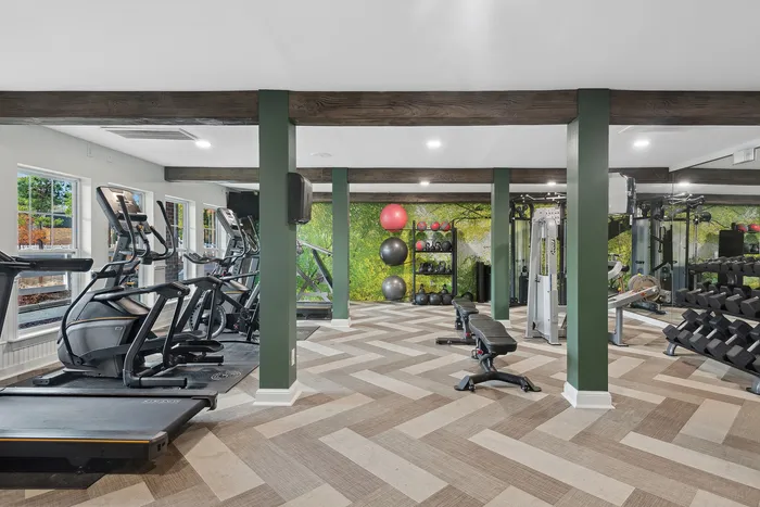 Spacious gym featuring cardio machines, weight racks, and a vibrant mural backdrop.
