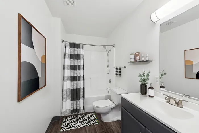 Sleek modern bathroom with abstract art, striped shower curtain, and elegant vanity.
