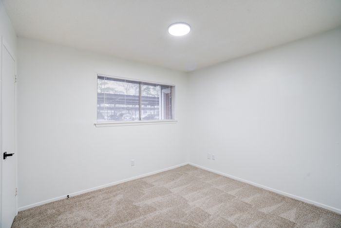 Spacious room with natural light, soft carpeting, and a large window.