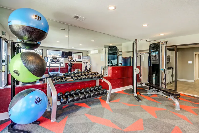 ReNew Foothills Modern gym room with exercise equipment, weights, and colorful fitness balls.