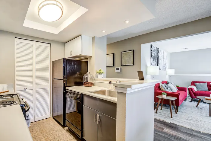 ReNew Foothills Stylish kitchen and living room with modern design featuring bright red sofas and sleek cabinetry.