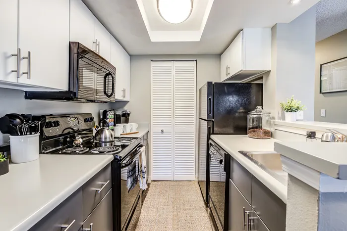 ReNew Foothills Sleek modern kitchen with stainless steel appliances, white cabinetry, and elegant countertops.