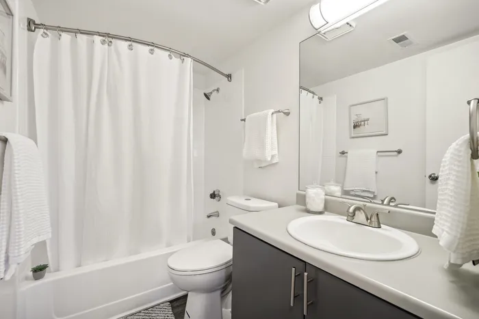 ReNew Foothills Contemporary bathroom with elegant fixtures, white shower curtain, and a large mirror above a stylish sink.