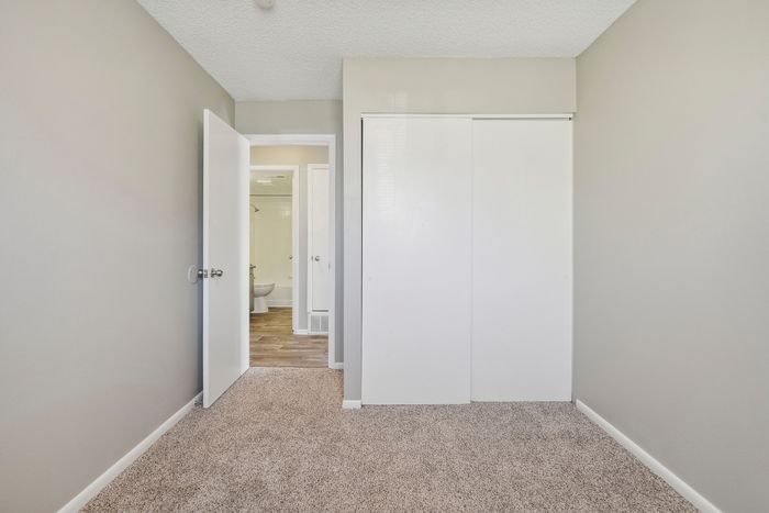 ReNew Foothills Spacious bedroom with beige walls, carpet flooring, and closet doors leading to a well-lit bathroom.