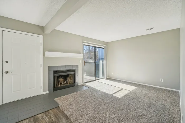 ReNew Foothills Sunlit living room featuring a modern fireplace and sliding glass door leading to a balcony.