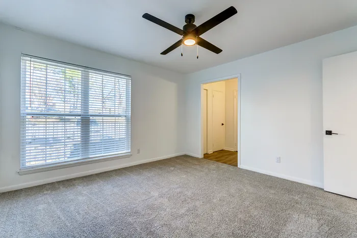 Bright and inviting bedroom at ReNew on Cantrell with plush carpet, large window, and a modern ceiling fan.