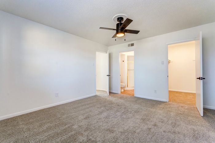 Bright and spacious bedroom at ReNew on Cantrell with plush carpet, ceiling fan, and ample closet space in a modern apartment.