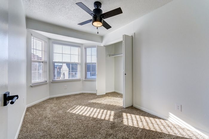 Bright, airy bedroom at ReNew on Cantrell with plush carpet, large windows allowing natural light, and a modern ceiling fan.