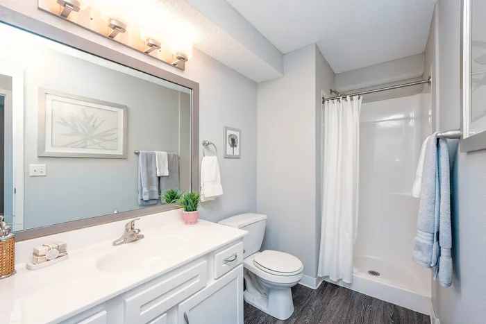 Elegant modern bathroom featuring a sleek vanity, large mirror, and shower with sophisticated decor accents.