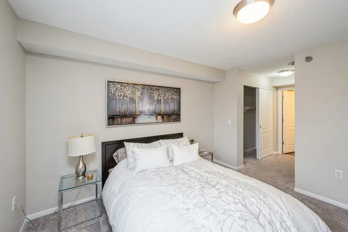 Bright and cozy bedroom with elegant decor, featuring a plush bed, modern lamp on a stylish glass nightstand, and inviting walk-in closet.