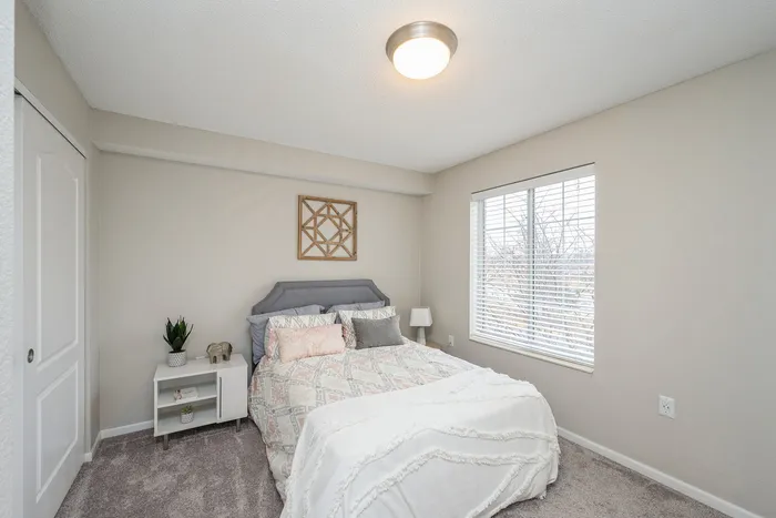 Inviting bedroom with cozy decor, featuring a plush bed, stylish bedside table, and large window filling the room with natural light.