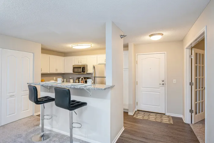 Chic modern kitchen with granite countertops, bar seating, and stainless steel appliances in a cozy open-concept layout.
