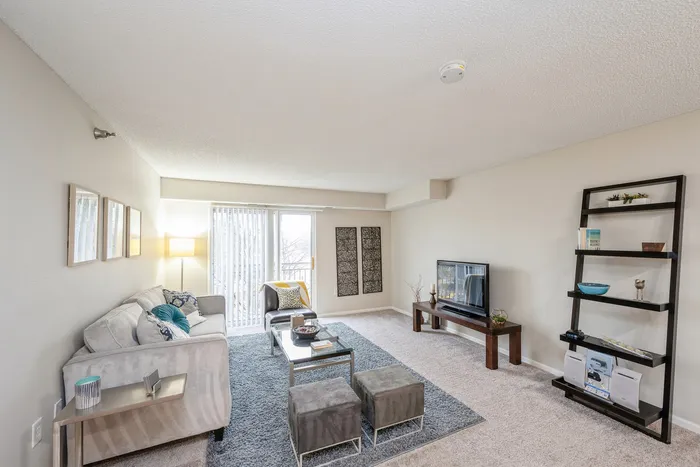 Inviting living room with elegant decor, plush seating, and a stylish entertainment area. Features a cozy atmosphere with natural light from sliding glass doors.