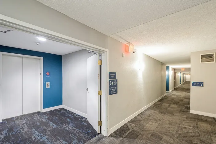 Modern and well-lit apartment hallway featuring stylish carpeting and welcoming elevator access.