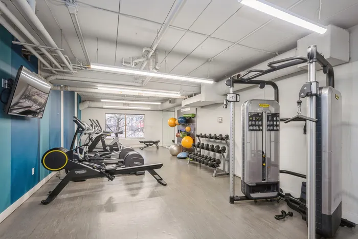 Modern fitness center featuring state-of-the-art gym equipment, bright workout area, and stylish decor.