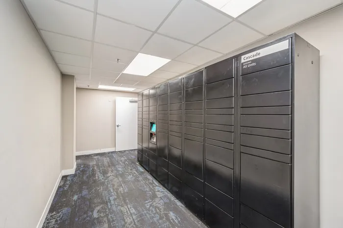 Modern apartment hallway featuring sleek package lockers for convenience and secure delivery access.