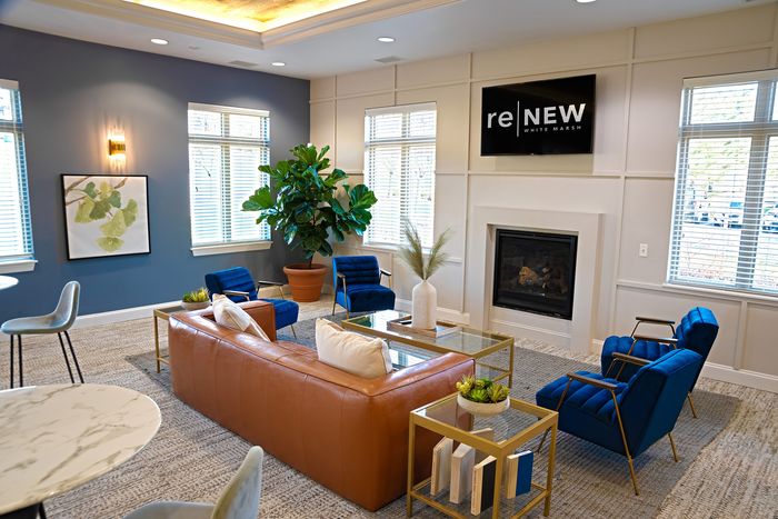 Elegant lounge area with modern decor, featuring a cozy fireplace, plush seating, and vibrant greenery in a sunlit room.