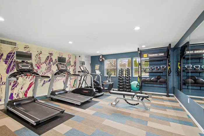 Modern fitness center with sleek treadmills, weight rack, vibrant wall art, and natural light for an energizing workout experience.