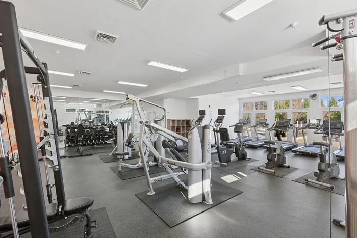 Bright and modern fitness center at ReNew Howard Crossing with state-of-the-art exercise equipment and large windows for natural light.
