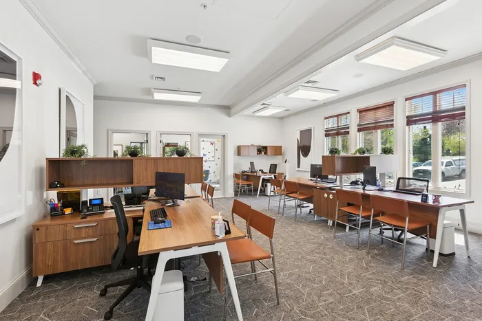 Modern, sunlit office at ReNew Howard Crossing with sleek wooden desks, stylish chairs, and lush greenery, offering an inviting and productive workspace.