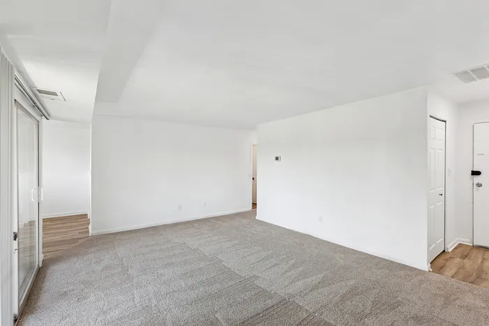 Bright and spacious living area at ReNew Howard Crossing with plush carpet, sliding glass door, and modern white walls, ideal for a cozy yet contemporary home setting.