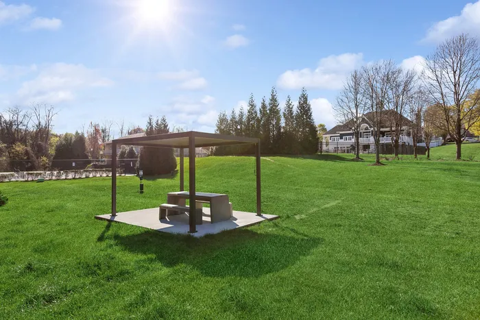 Refreshing outdoor space at ReNew Howard Crossing featuring a lush green lawn, a modern picnic area, and a scenic backdrop of elegant homes under a bright blue sky.