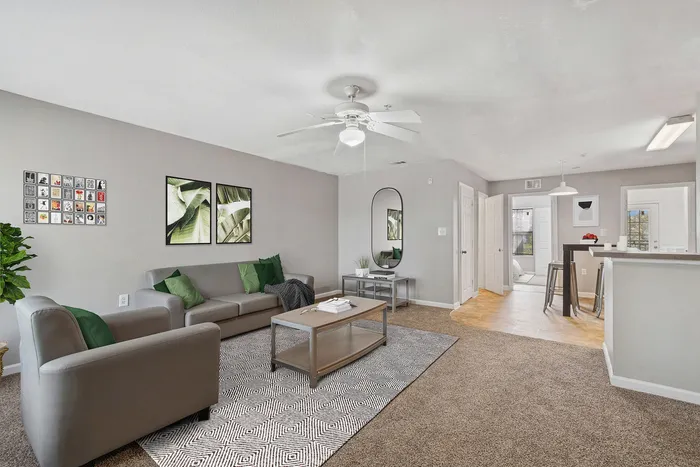Townhomes at TSC Modern Living Area with Ceiling Fan and Natural Light