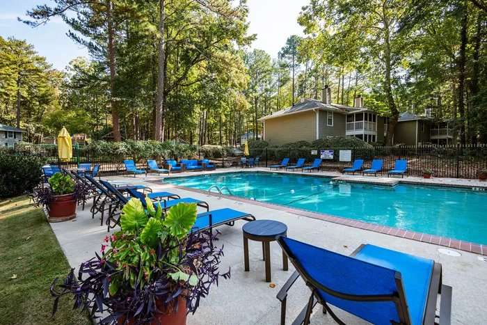 Inviting outdoor swimming pool with lush greenery, surrounded by comfortable blue loungers and elegant seating in a serene forest setting.