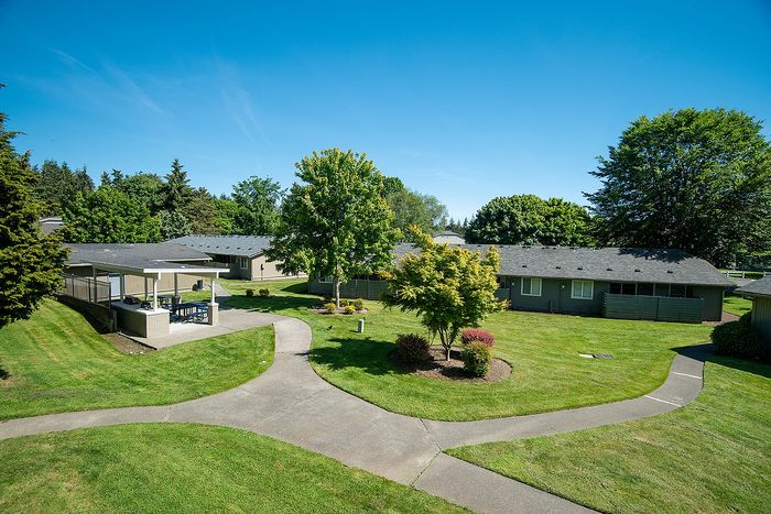 Beautiful apartment complex surrounded by lush greenery, featuring winding pathways and a outdoor picnic area at ReNew Dash Point.