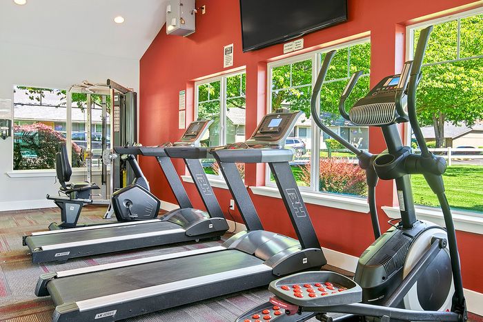 Bright and inviting gym room featuring cardiovascular equipment, including treadmills and an elliptical, with large windows offering scenic outdoor views at ReNew Dash Point.