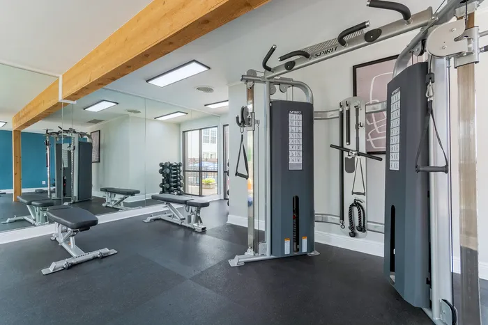 Modern fitness center with sleek exercise equipment, large mirrors, and ample natural light.
