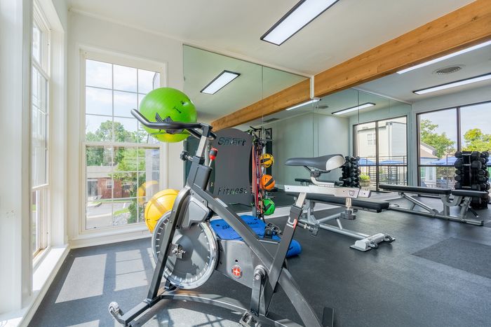Bright and modern home gym with a stationary bike, exercise equipment, and expansive windows offering a scenic view.