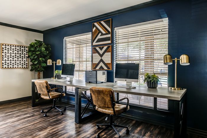 Elegant home office with dual workstations, stylish dark blue walls, modern decor, and ample natural light.