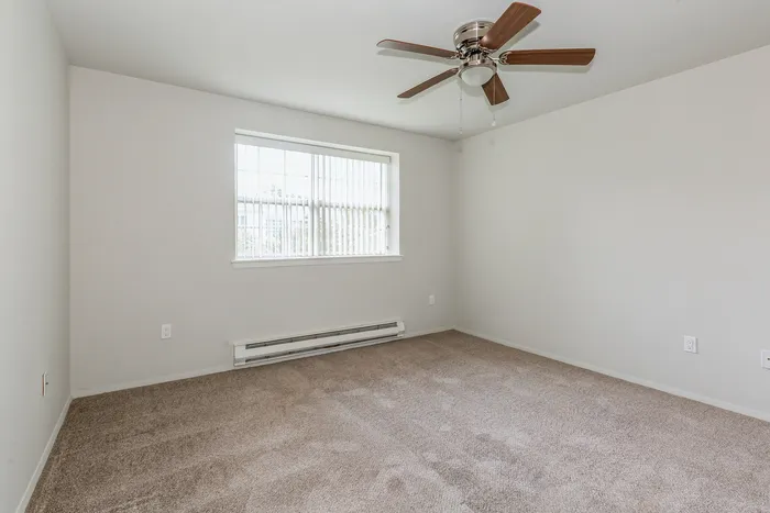 Bright, spacious bedroom with plush carpet, ceiling fan, and large window for natural light.