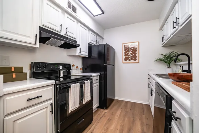 Modern kitchen with sleek white cabinetry, black appliances, and elegant wood flooring, complemented by artistic wall decor.