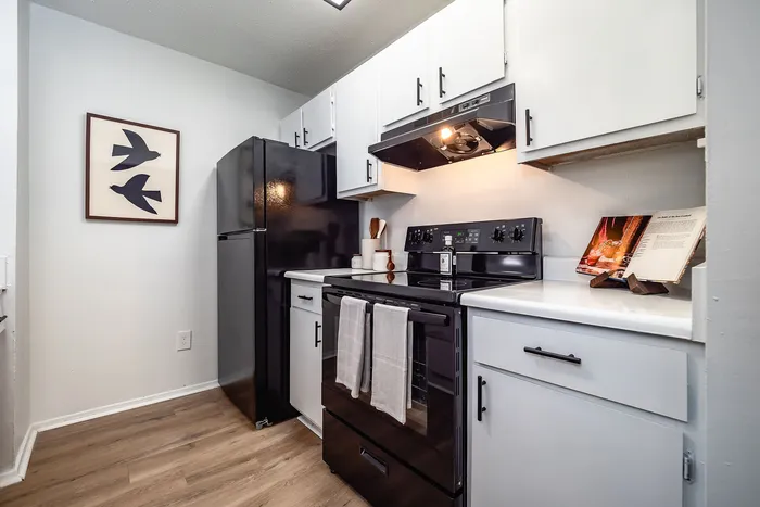 Modern kitchen with sleek black appliances, pristine white cabinets, and chic wall art for a stylish touch.