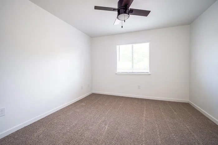 Bright, spacious bedroom with plush carpet and modern ceiling fan, perfect for relaxation and comfort.