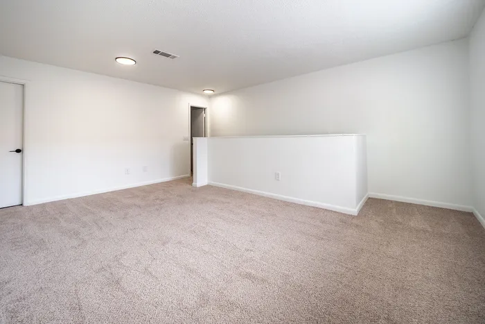 Spacious, bright room with plush carpeting and modern lighting, perfect for versatile living or office space.
