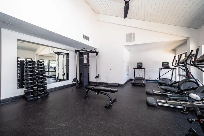 Modern fitness room featuring state-of-the-art equipment, including treadmills, weight machines, and free weights, in a bright, spacious setting.