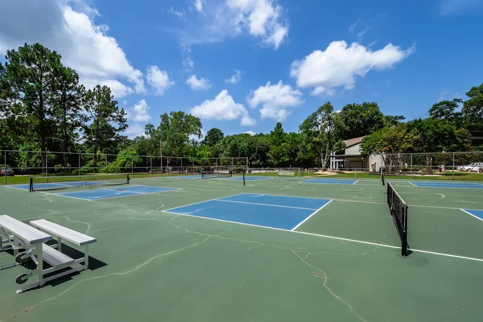 Expansive outdoor tennis courts surrounded by lush greenery and a bright blue sky, perfect for recreation and relaxation.