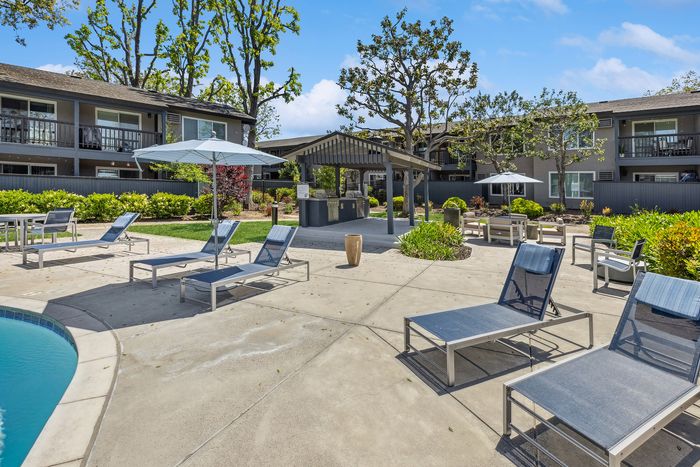 ReNew Berryessa Pool Area with Lounge Chairs and Umbrellas