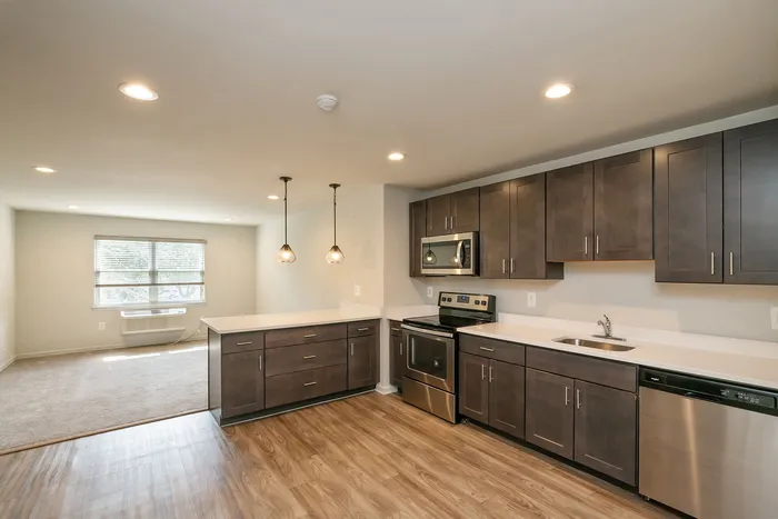 Modern open-concept kitchen and living area with stylish wood flooring, sleek dark cabinets, stainless steel appliances, and elegant pendant lighting.