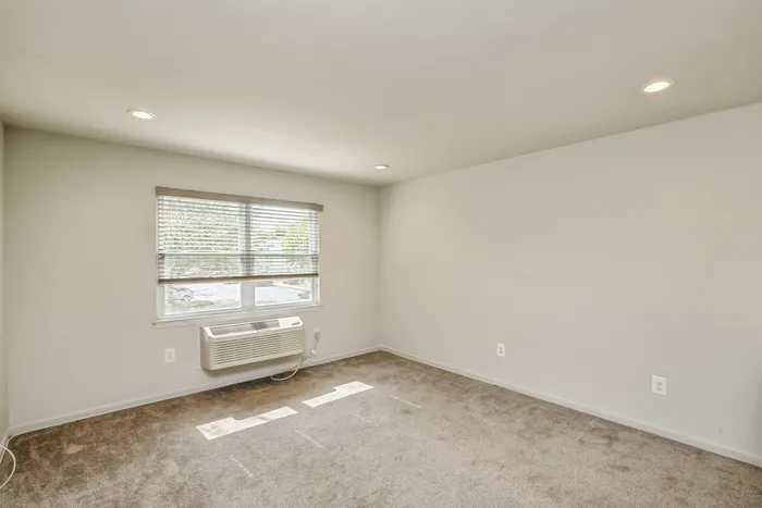 Bright room with large window, modern white walls, and soft carpet flooring, perfect for a cozy apartment setting.