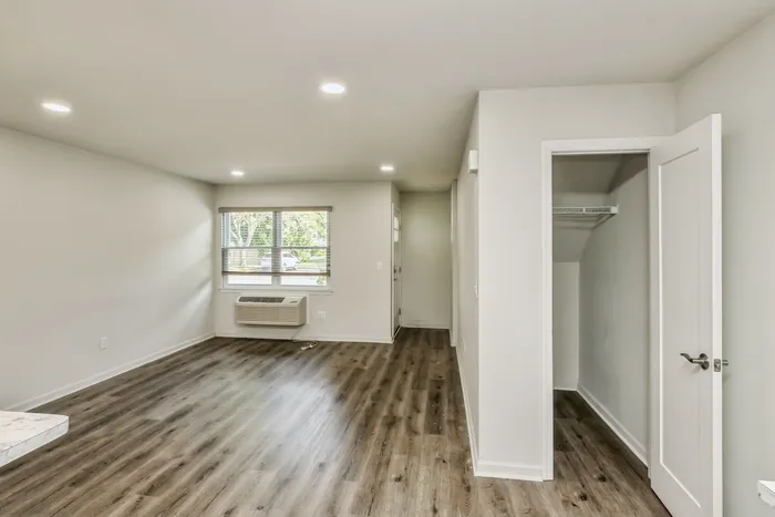 Inviting modern living room with sleek hardwood floors and abundant natural light from large window, featuring a spacious closet.